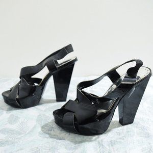 BCBG Enrik Black Patent Chunky Platform High Heels | Size 5